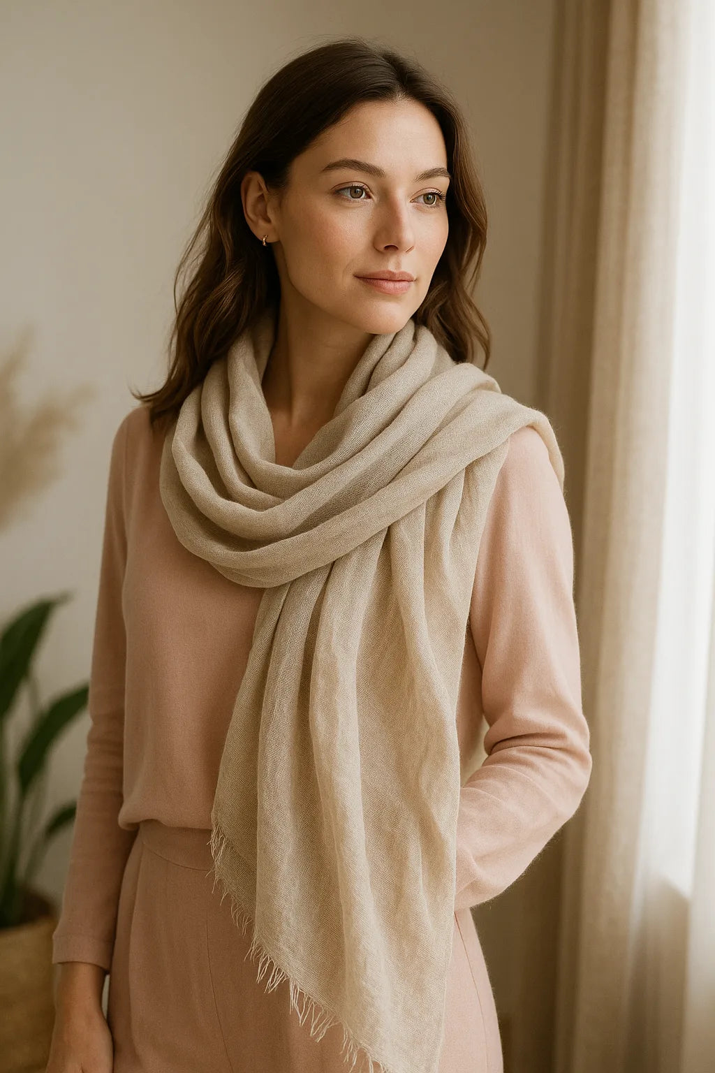 Femme portant une écharpe beige élégante – Maison Amavia, collection d’écharpes raffinées