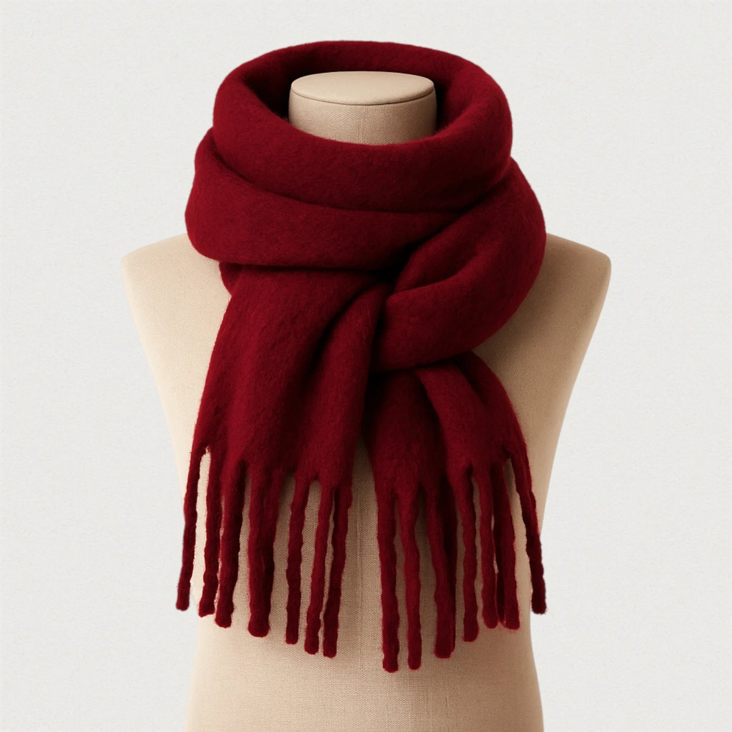 Écharpe oversize rouge bordeaux avec franges, portée sur un mannequin beige Maison Amavia