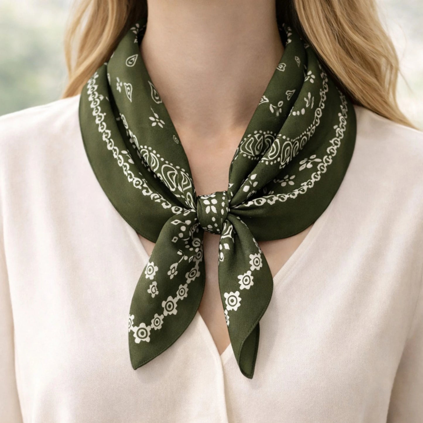 Foulard femme imprimé cajou vert porté autour du cou, style élégant et minimaliste printemps été