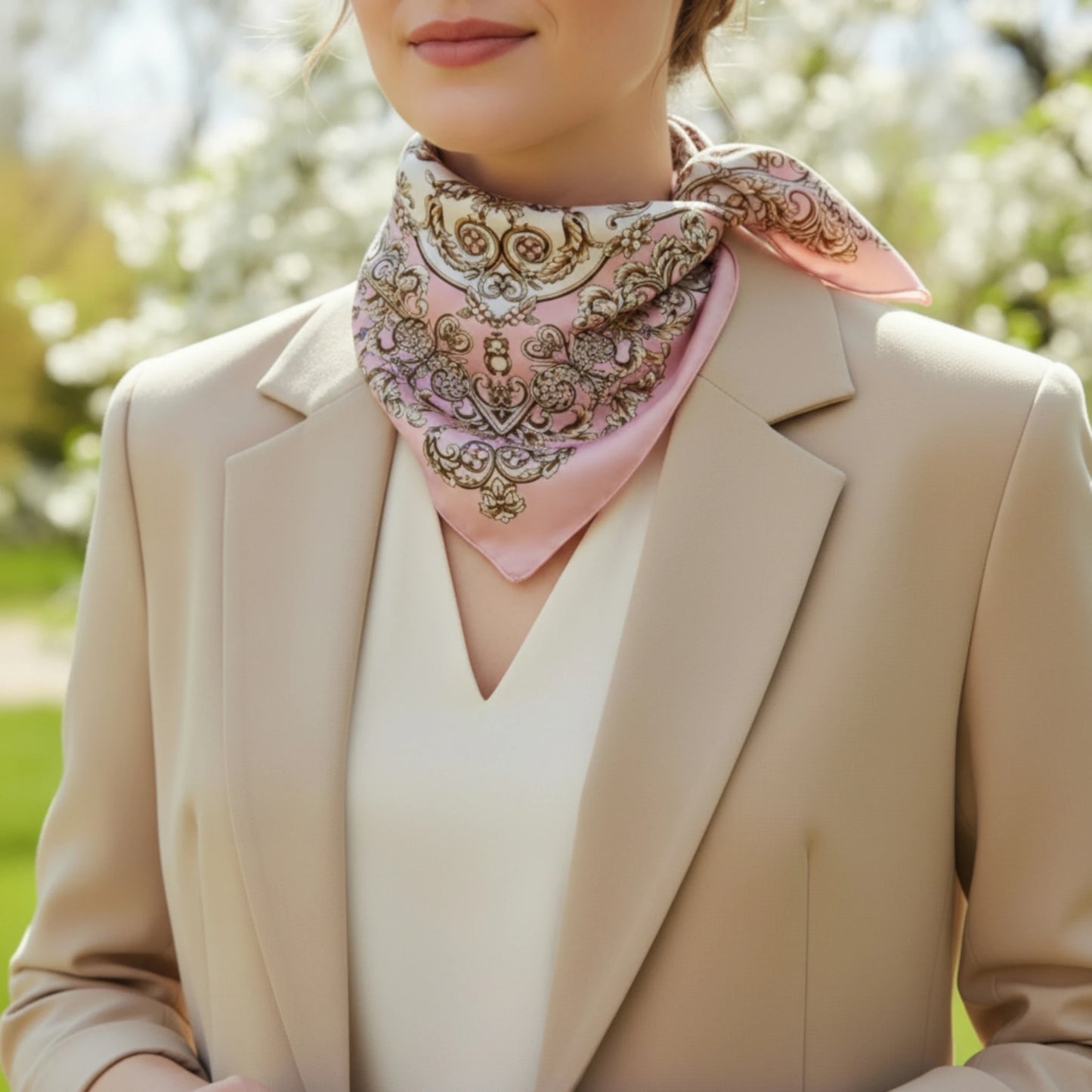 Foulard rose femme porté au printemps, style élégant et minimaliste