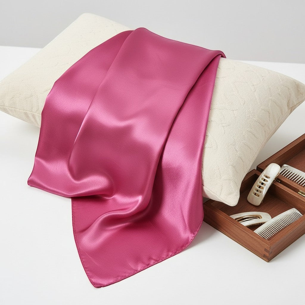 Maison Amavia foulard en soie rose uni 90x90 cm en satin luxueux, accessoire polyvalent pour hijab ou châle.
