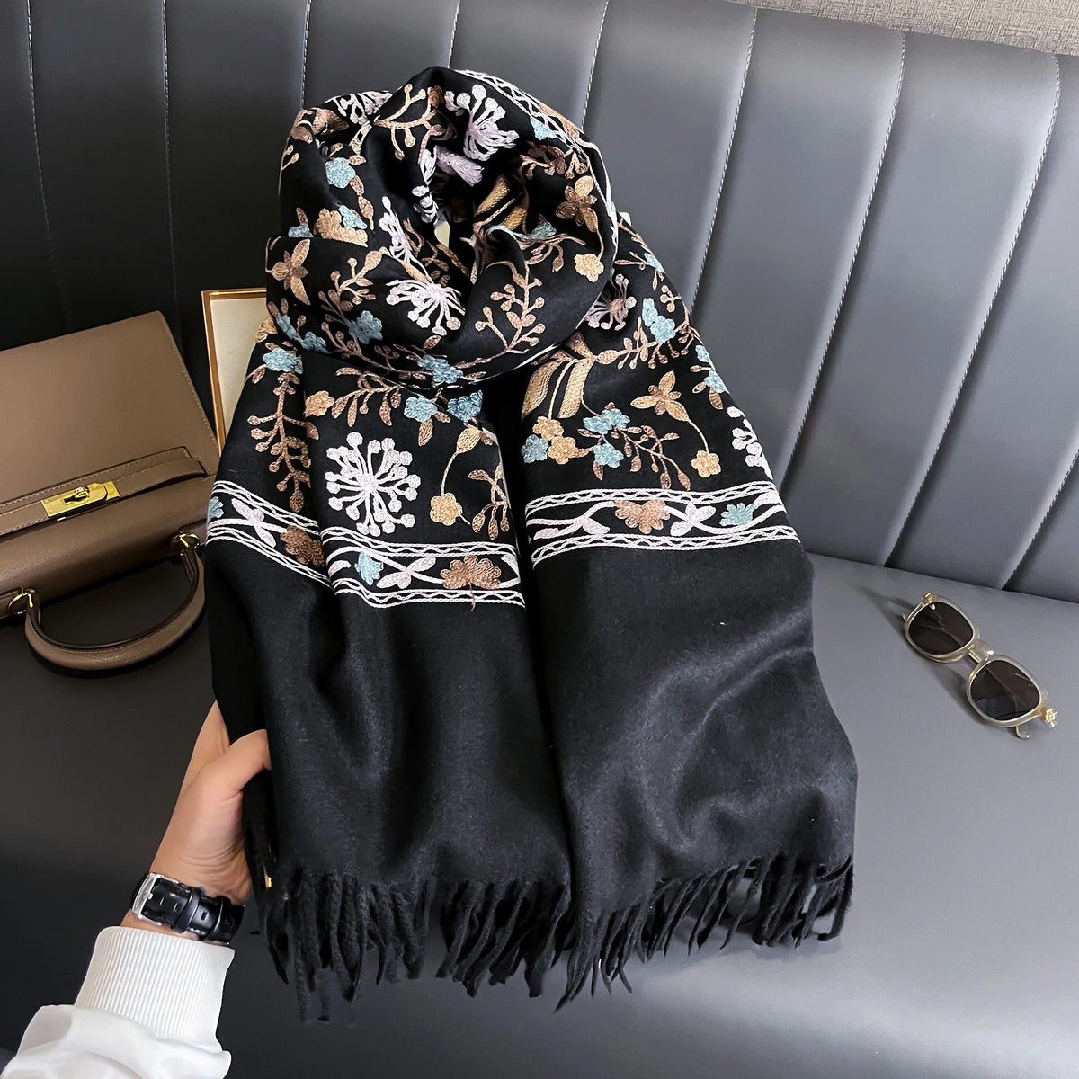 Écharpe Femme Imitation Cachemire<br>Pashmina Brodée 200×70 cm