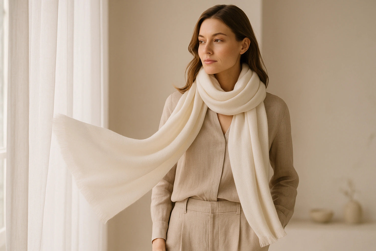 Femme portant une écharpe beige élégante – Maison Amavia, marque d’écharpes raffinées