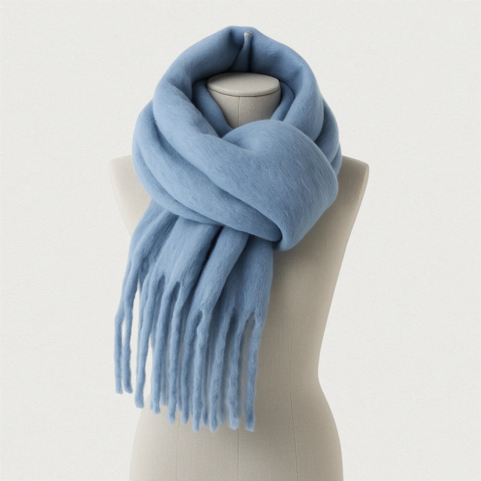 Écharpe bleu brume douce et longue à franges – présentation sur mannequin studio Maison Amavia