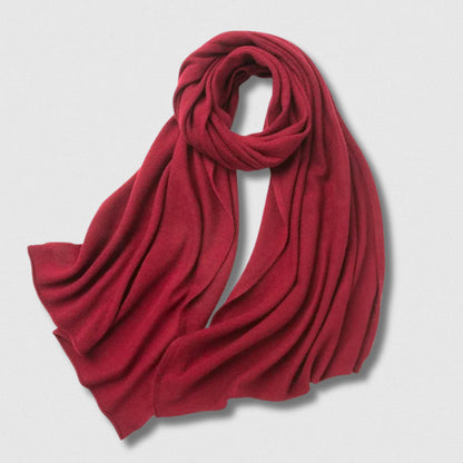 Écharpe 100 % laine rouge bordeaux 180×32 cm, chaleur chic et intemporelle.