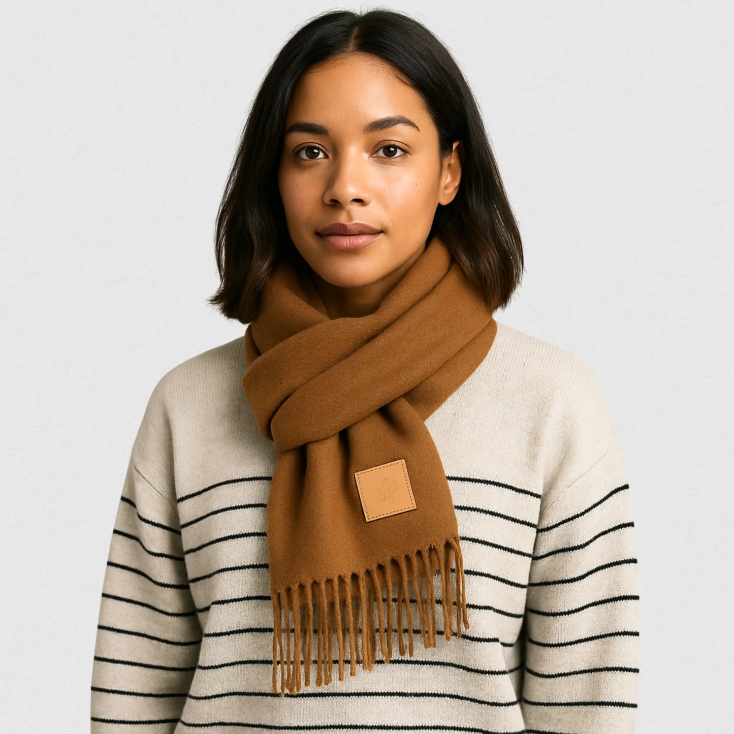 Écharpe double face camel portée par une jeune femme en studio photo | Maison Amavia