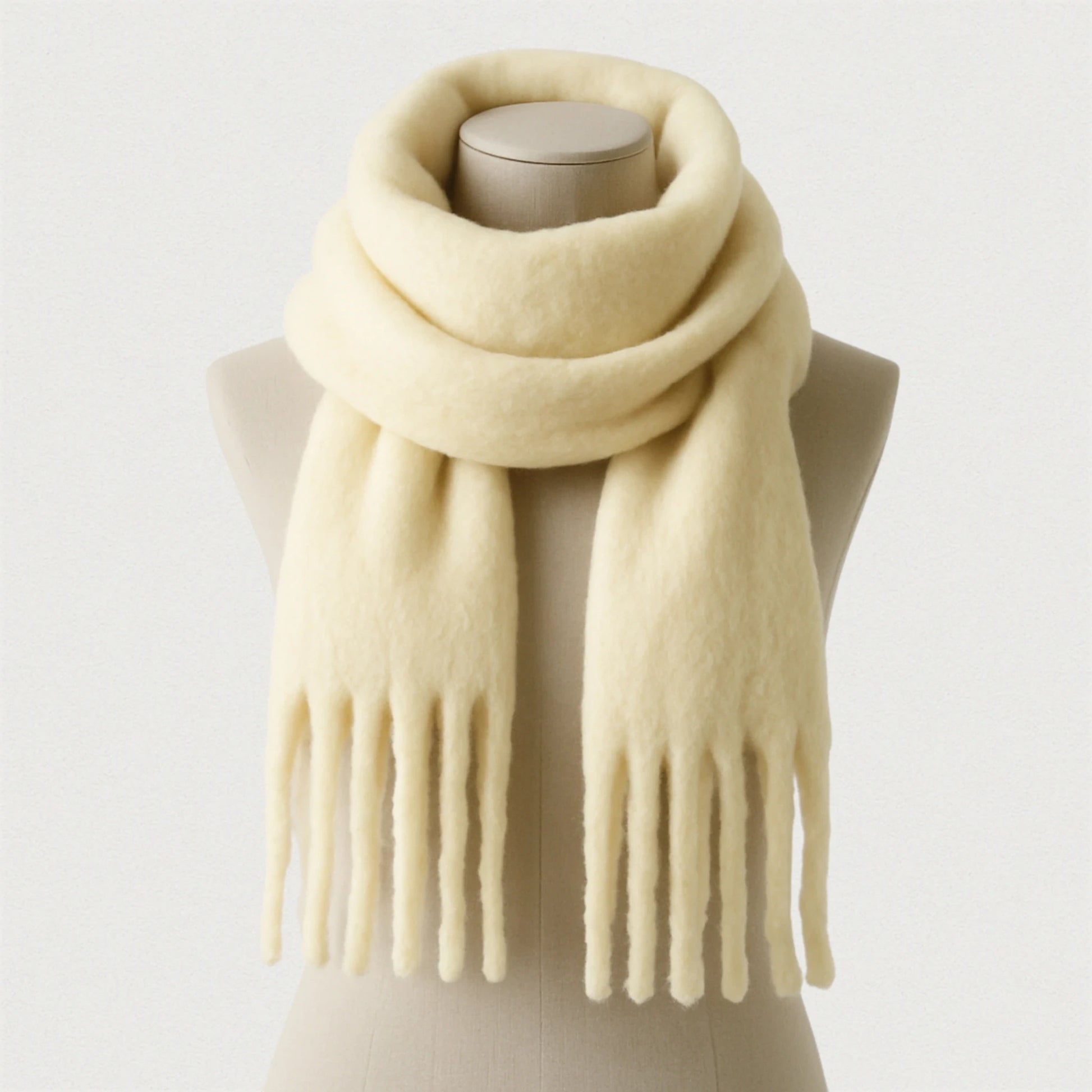 Écharpe crème vanille épaisse avec longues franges, présentée sur un mannequin studio Maison Amavia