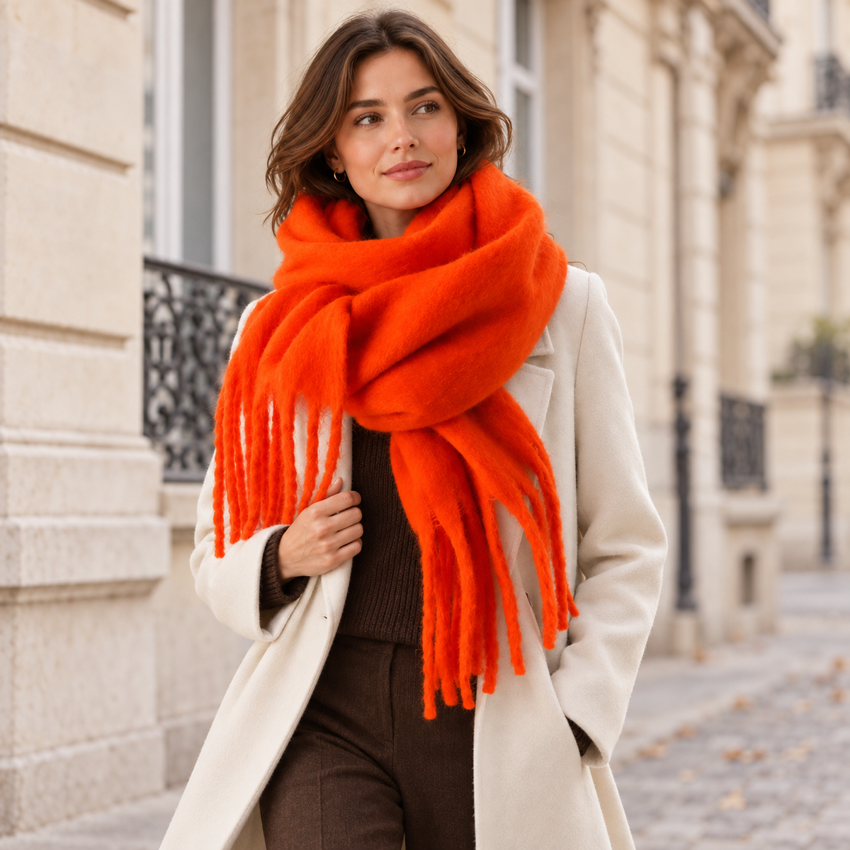 Écharpe femme orange mandarine portée avec un manteau ivoire