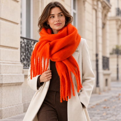 Écharpe femme orange mandarine portée avec un manteau ivoire
