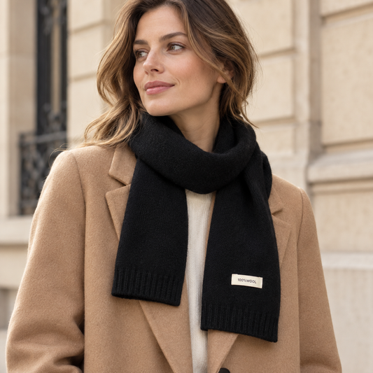 Écharpe femme noire 100 % laine tricotée portée avec un manteau camel