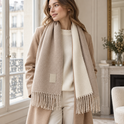 Écharpe femme réversible beige portée sur les épaules avec étiquette cousue