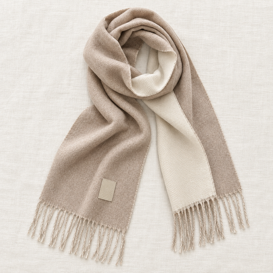Écharpe femme réversible beige et écrue avec franges