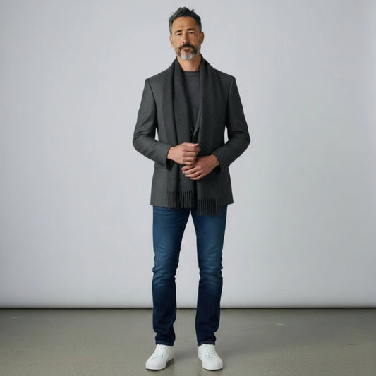 Homme portant une écharpe en laine grise premium – écharpe homme hiver, style élégant et moderne, Maison Amavia