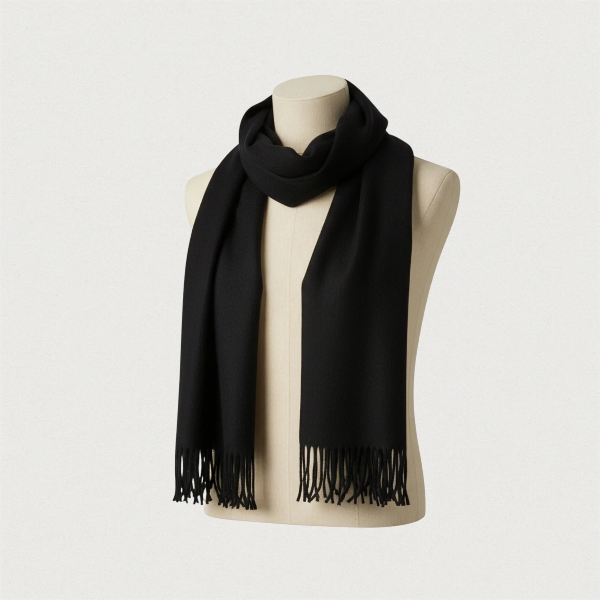 Écharpe homme en laine noire – modèle Maison Amavia, écharpe hiver longue avec franges.