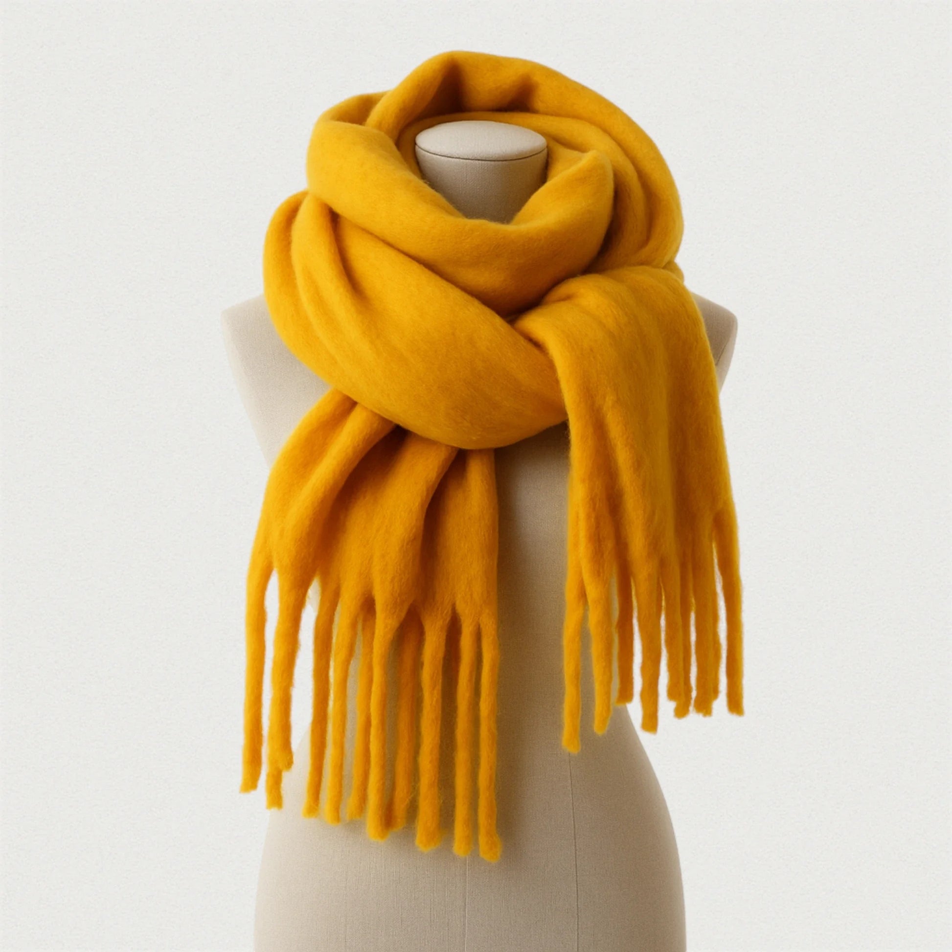 Écharpe jaune moutarde douce et chaude – présentation studio sur mannequin Maison Amavia