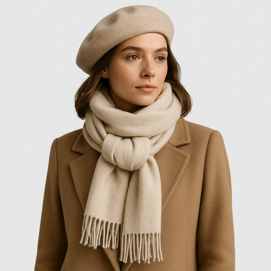 Femme portant une écharpe en laine beige clair 180×32 cm, fond gris perle, ambiance chic et douce – Maison Amavia.