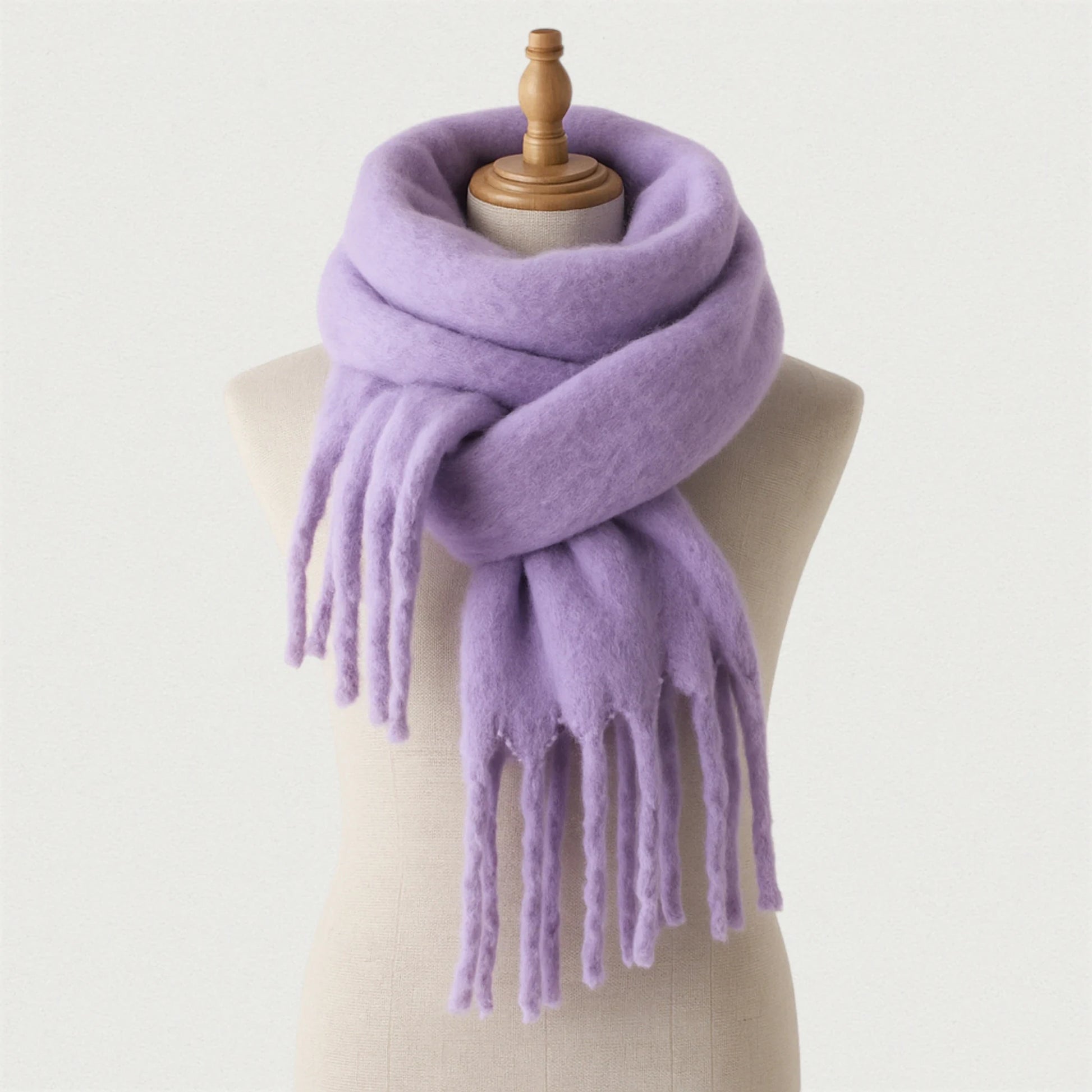 Écharpe lavande oversize en laine douce avec franges, présentée sur un mannequin gris – Maison Amavia