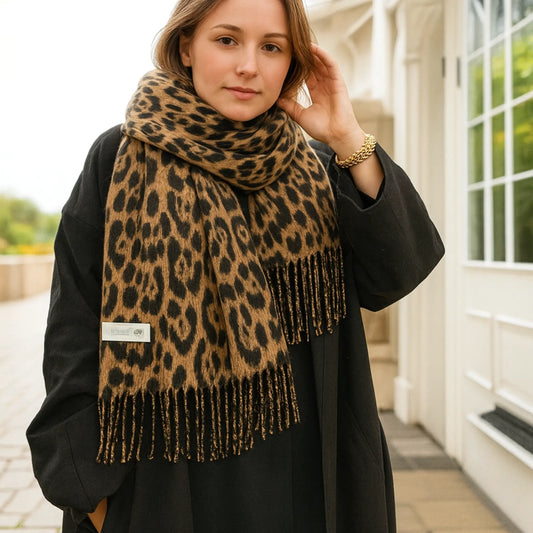 Écharpe léopard femme camel – châle long 200×65 cm – Maison Amavia