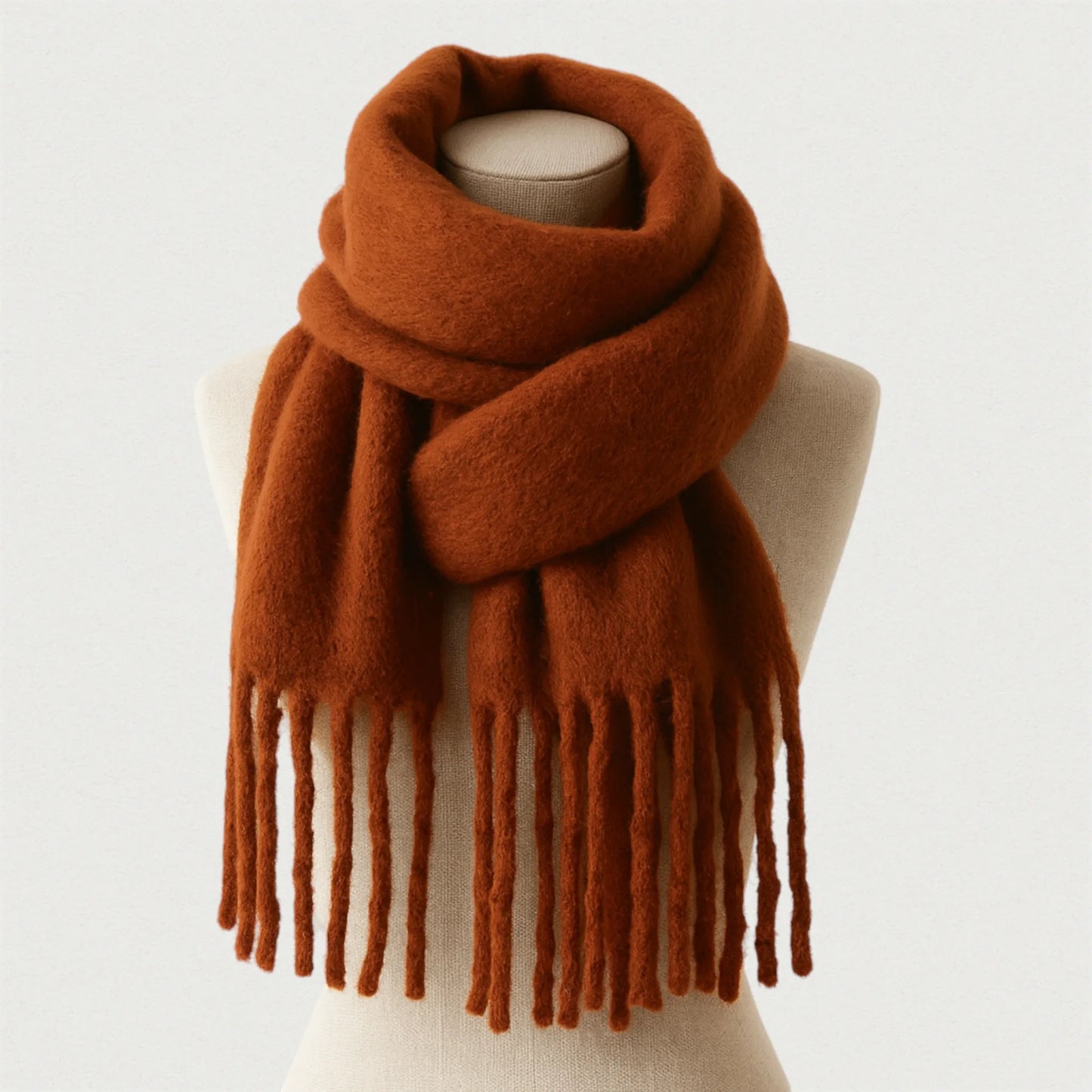 Écharpe marron cannelle oversize avec franges, présentée sur mannequin beige – Maison Amavia