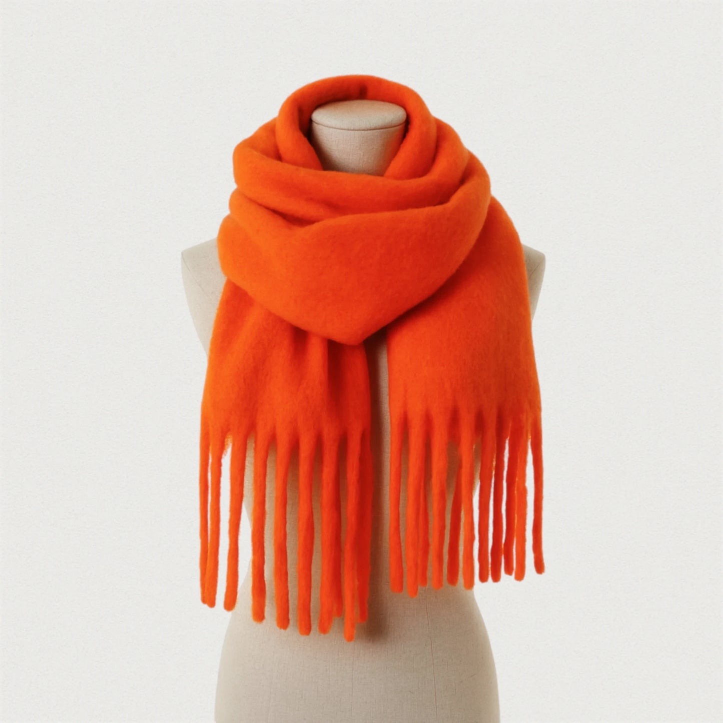 Écharpe orange mandarine oversize avec franges, présentée sur un mannequin beige Maison Amavia