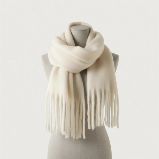 Écharpe pashmina blanc crème Maison Amavia, présentation studio sur mannequin avec fond gris perle.