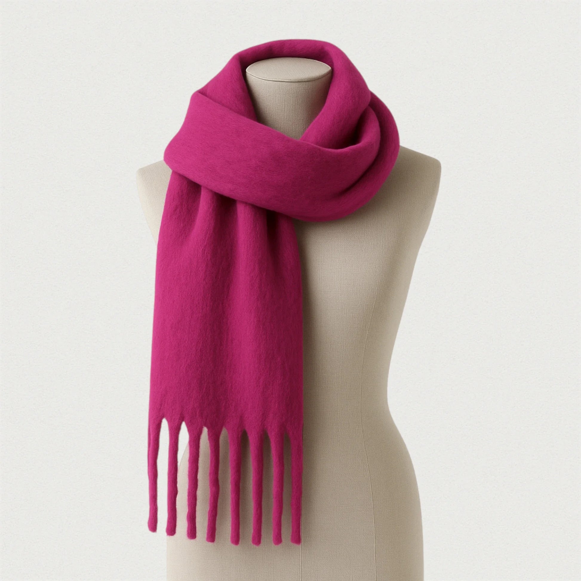 Écharpe fuchsia Maison Amavia – modèle pashmina doux présenté sur mannequin en studio