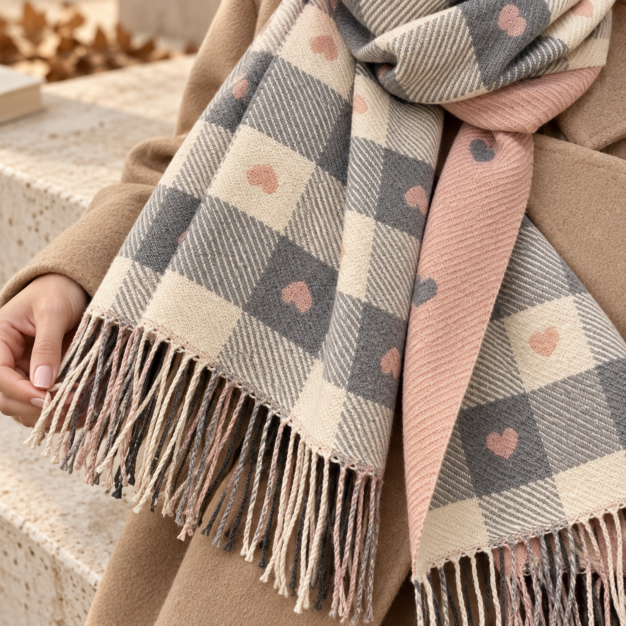 Détail de la maille et des franges de l’écharpe plaid rose