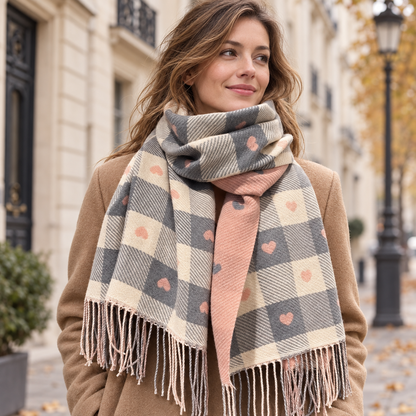 Écharpe plaid femme rose à carreaux et cœurs portée en automne