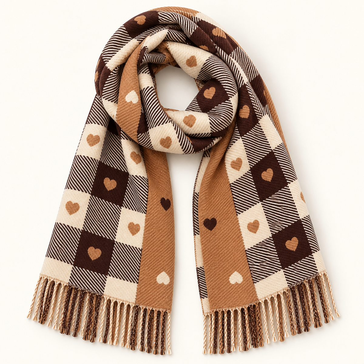 Écharpe plaid femme camel à carreaux et cœurs