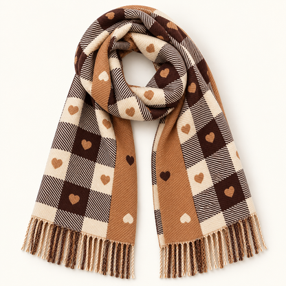 Écharpe plaid femme camel à carreaux et cœurs