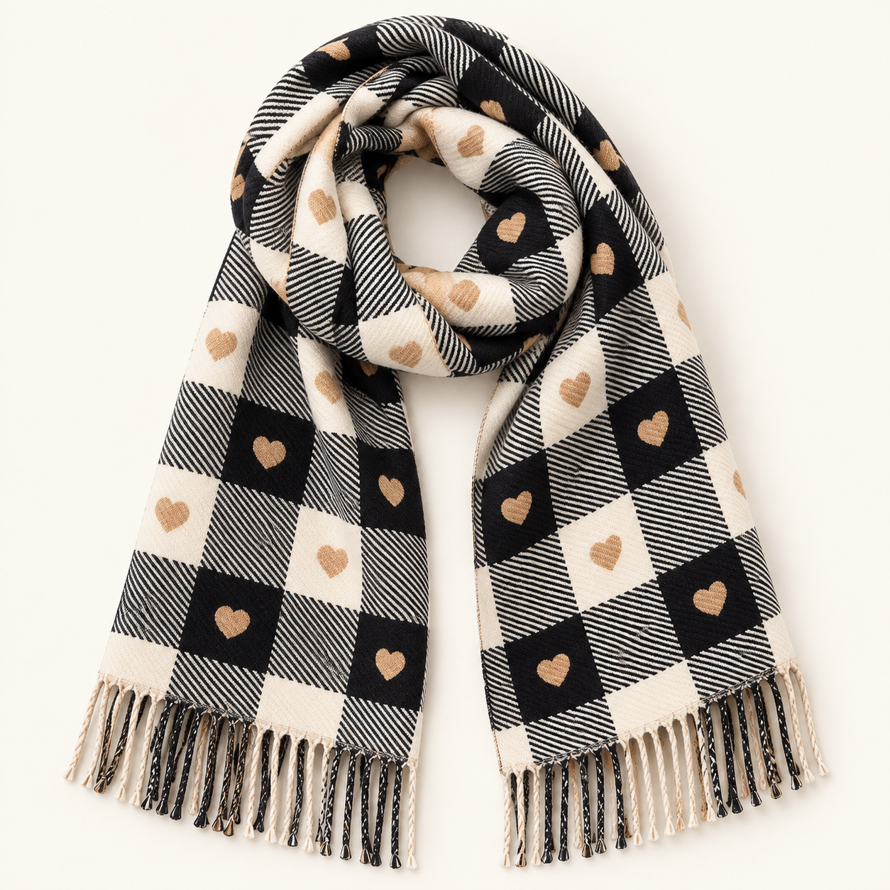 Écharpe plaid femme noire à carreaux et cœurs