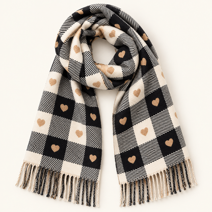 Écharpe plaid femme noire à carreaux et cœurs