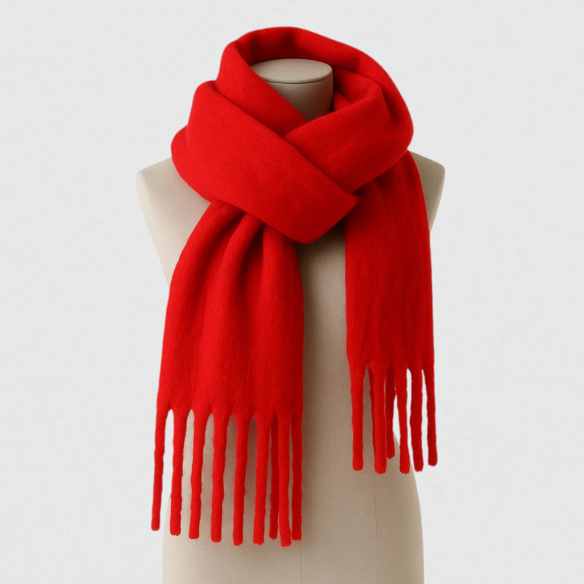 Écharpe rouge intense en laine douce présentée sur un mannequin studio – Maison Amavia