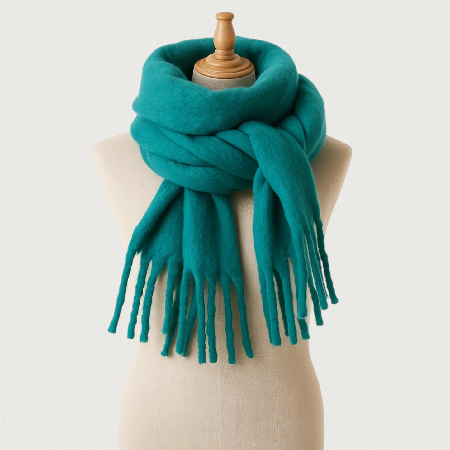 Écharpe oversize turquoise avec franges présentée sur mannequin beige – Maison Amavia