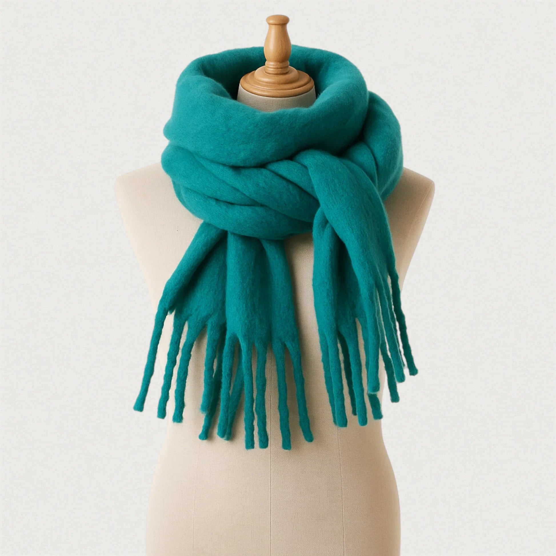 Écharpe oversize turquoise avec franges présentée sur mannequin beige – Maison Amavia