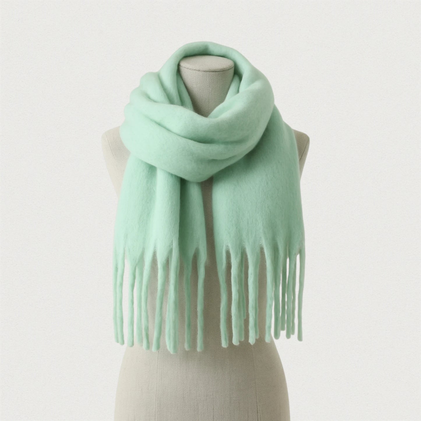 Écharpe vert menthe glacée Maison Amavia portée sur mannequin, modèle épais à franges