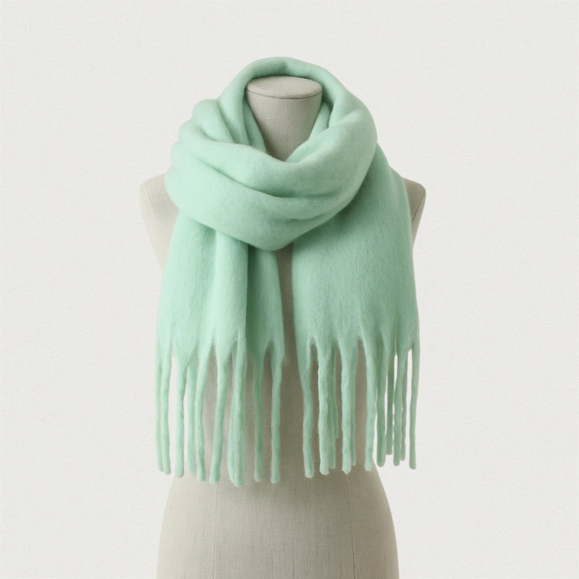 Écharpe vert menthe glacée Maison Amavia portée sur mannequin, modèle épais à franges