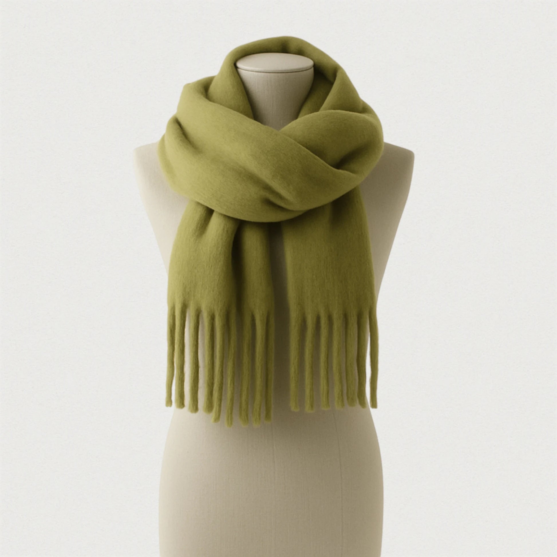 Écharpe vert olive doux Maison Amavia portée sur mannequin – texture douce, longue et chaude avec franges.