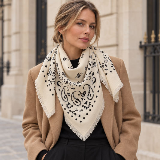 Foulard bandana femme blanc 92 cm porté avec franges