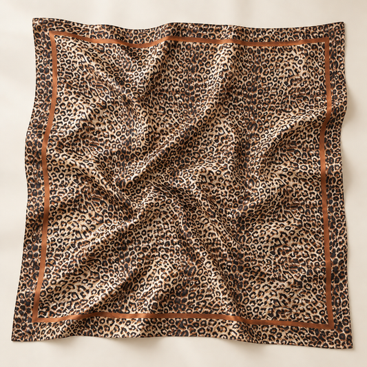 Foulard carré léopard femme beige déployé avec bordure contrastante