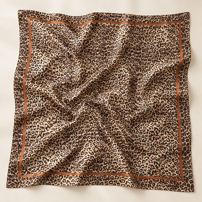 Foulard carré léopard femme beige déployé avec bordure contrastante