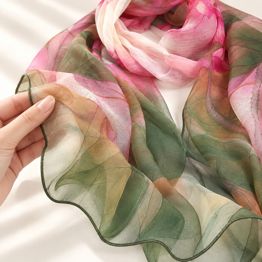 Détail du foulard femme floral Vert Rose et de sa bordure