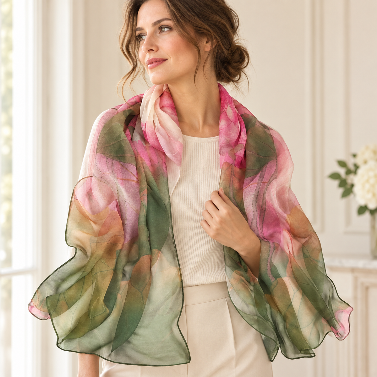 Foulard femme floral Vert Rose porté en étole sur les épaules