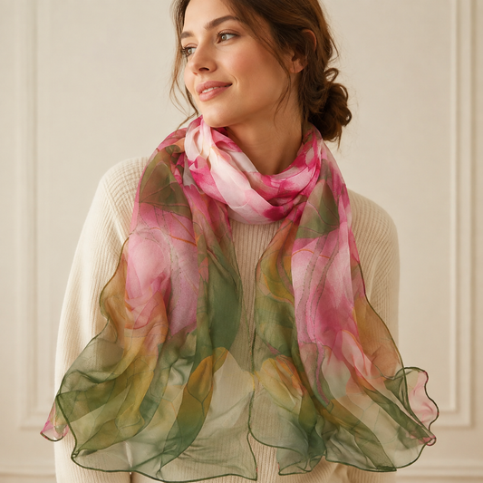 Foulard femme floral toucher soie Vert Rose porté