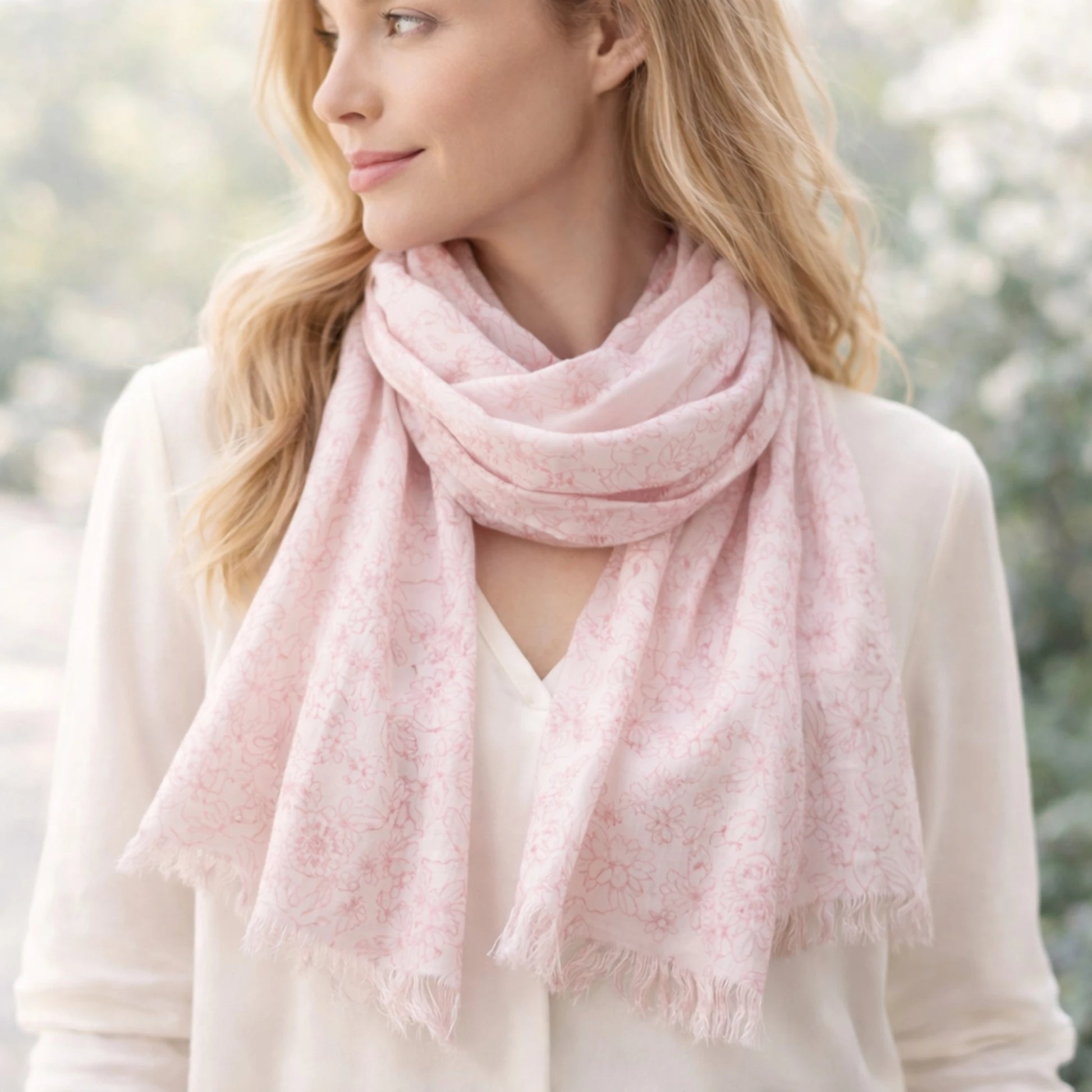 Écharpe femme en coton rose imprimé floral portée au printemps