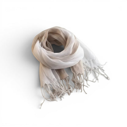 Maison Amavia Écharpe 100% lin dégradé beige et blanc avec franges, idéale pour le printemps/été.