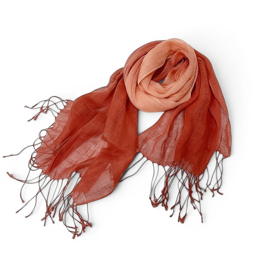 Maison Amavia Écharpe 100% lin dégradé corail et pêche avec franges, accessoire léger Printemps/Été
