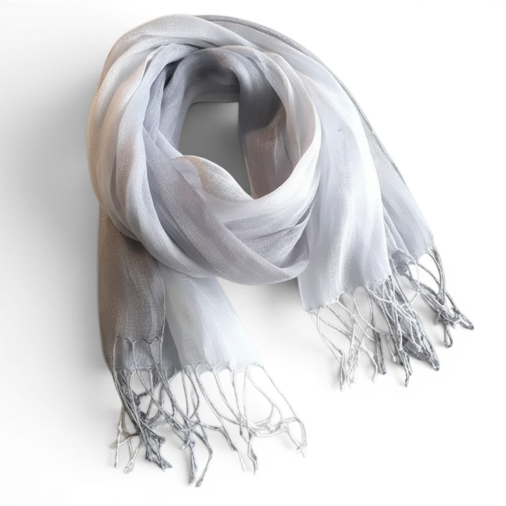Écharpe Maison Amavia 100% lin dégradé gris et blanc avec franges, idéale pour le printemps/été.