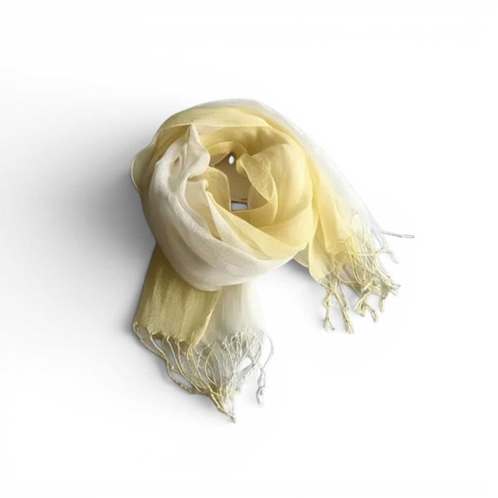 Écharpe Maison Amavia 100% lin dégradé jaune et blanc avec franges, idéale pour le printemps/été.