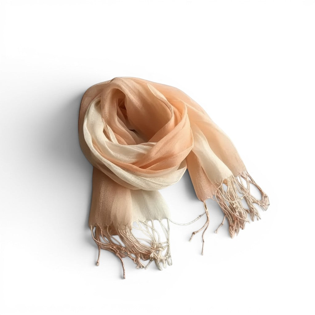 Écharpe Maison Amavia 100% lin dégradé pêche et crème avec franges, idéale pour le printemps/été.